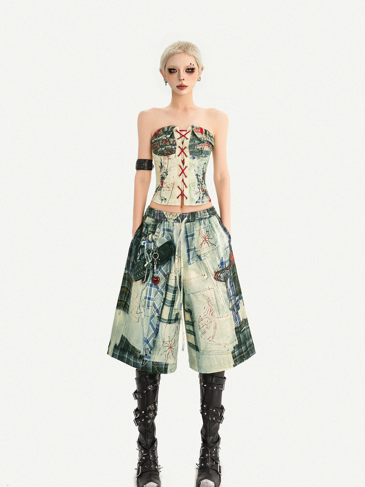 Nico Molly Street Punk Printed Lace Up Bustier Cropped Slim Women&