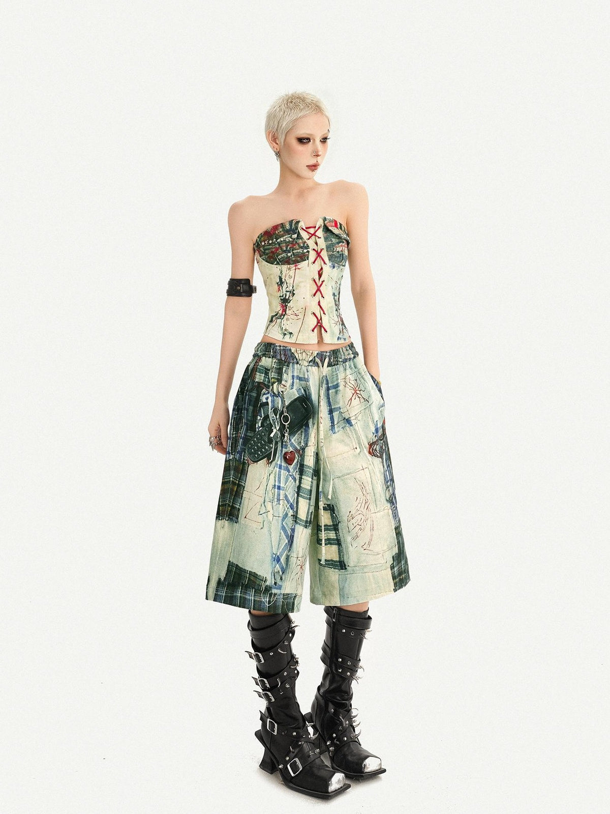 Nico Molly Street Punk Printed Lace Up Bustier Cropped Slim Women&