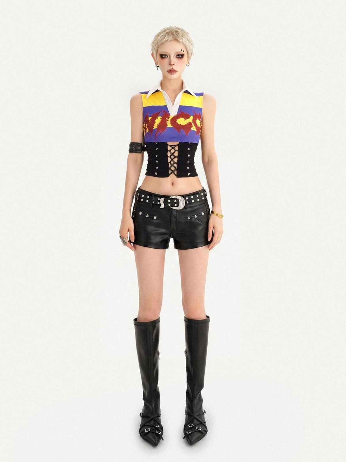 Nico Molly Striped Cropped Collared Cinched Waist Collegiate Jersey Women&