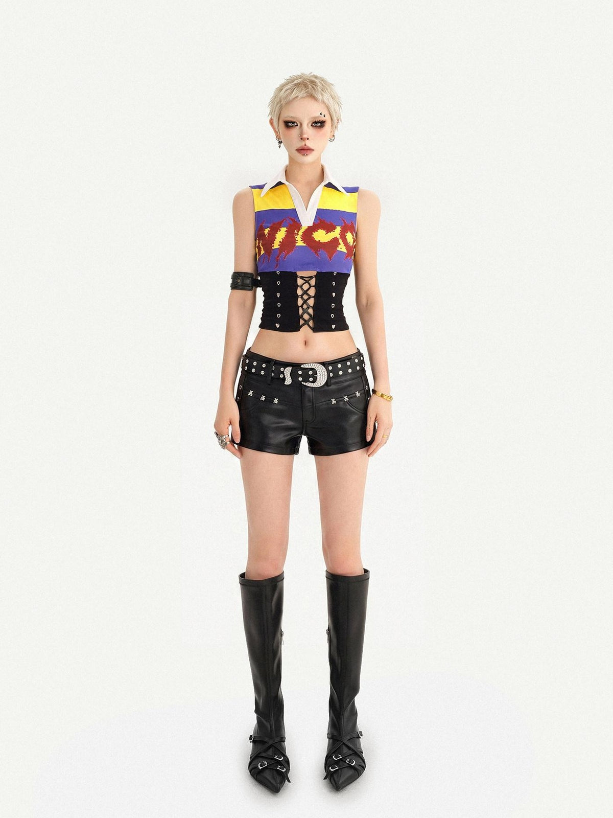 Nico Molly Striped Cropped Collared Cinched Waist Collegiate Jersey Women&