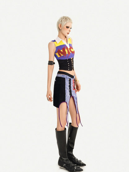 Nico Molly Striped Cropped Collared Cinched Waist Collegiate Jersey Women&