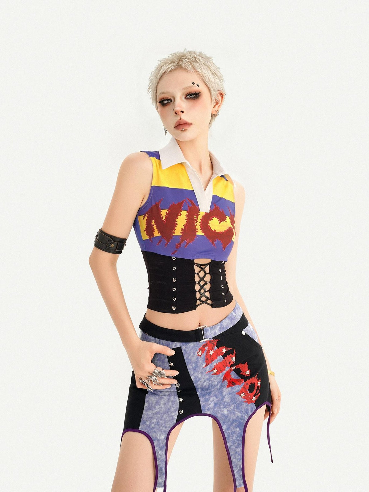 Nico Molly Striped Cropped Collared Cinched Waist Collegiate Jersey Women&