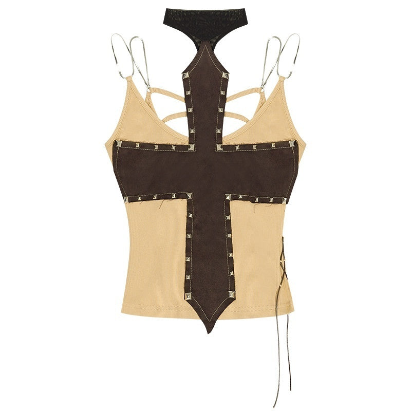 Nico_Molly_Studded_Spliced_Cross_Halter_Vest_Women&