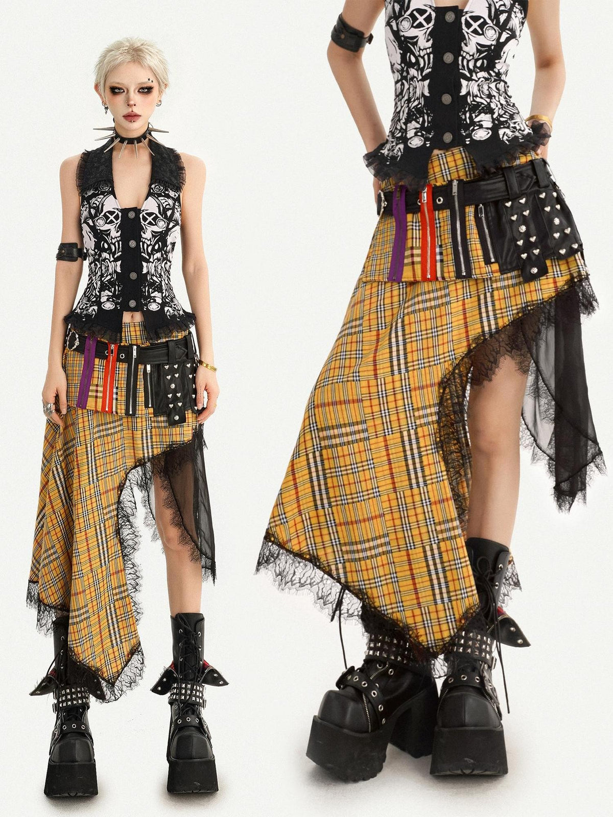 Nico Molly Tartan Plaid Lace Patchwork Asymmetrical Punk Women&