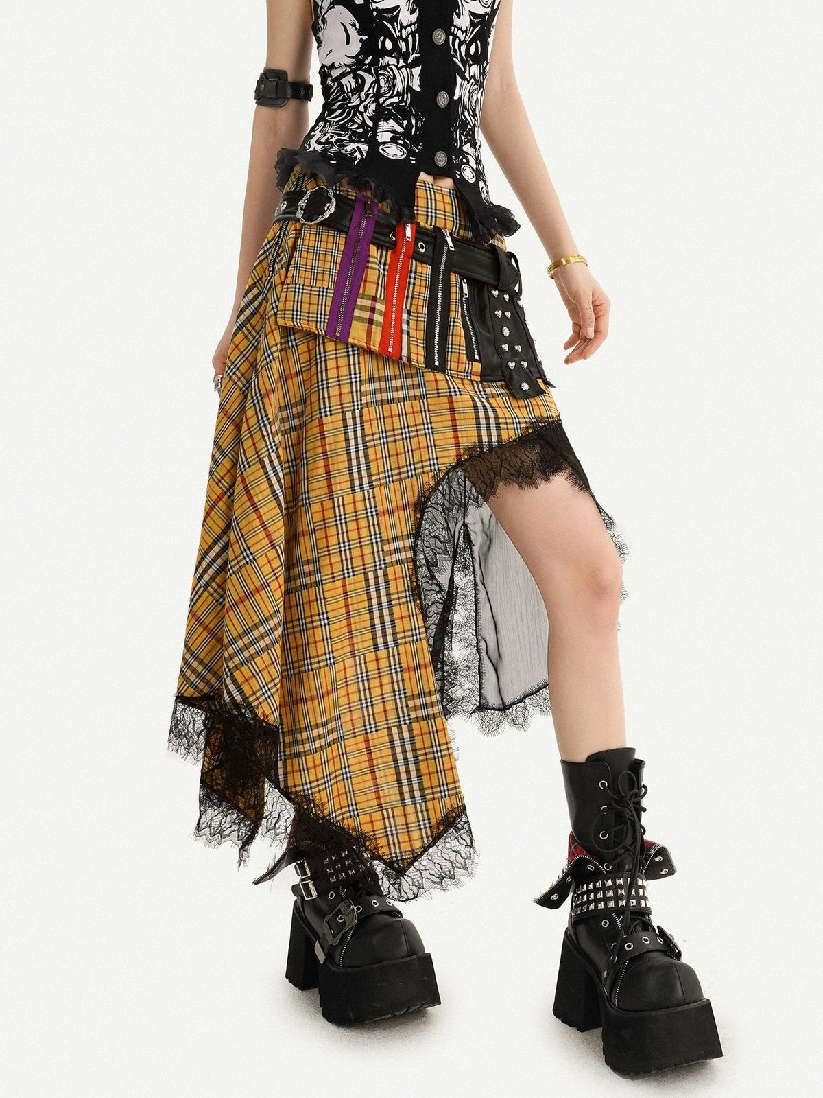 Nico Molly Tartan Plaid Lace Patchwork Asymmetrical Punk Women&