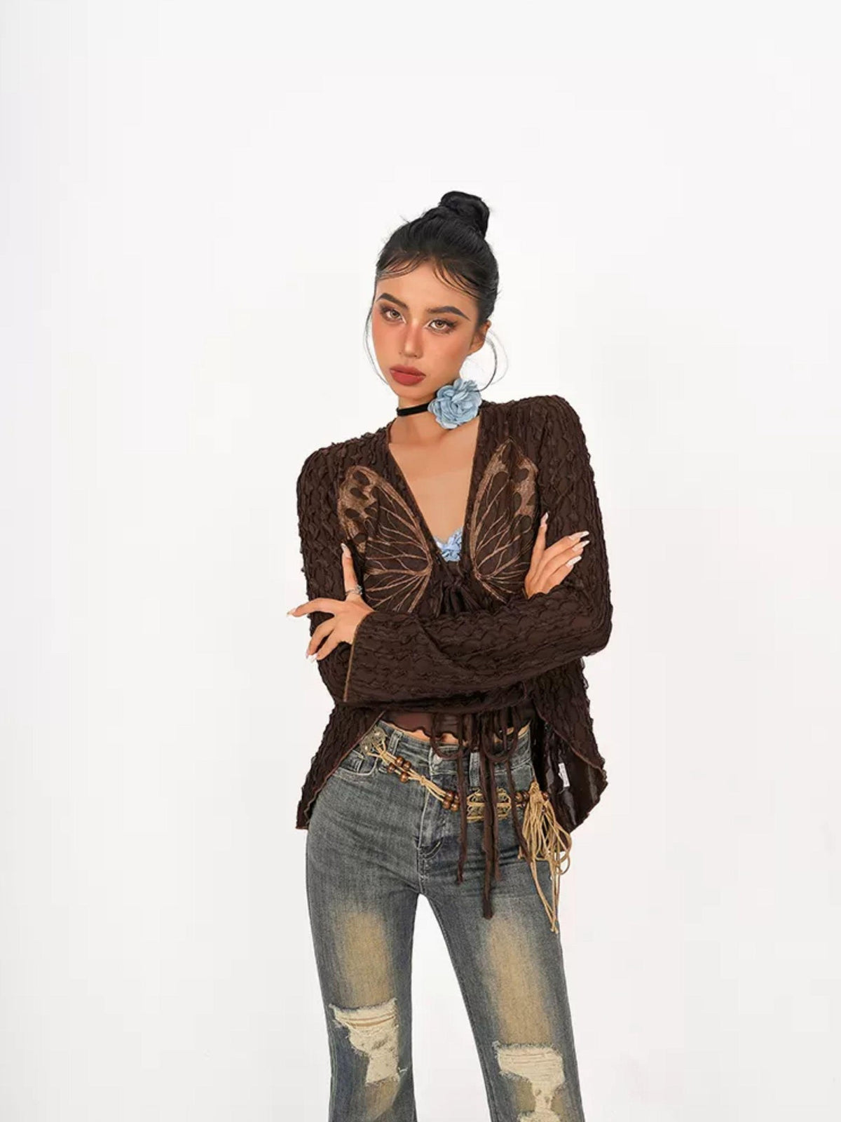 Nico Molly Textured Butterfly Lace Up V-neck Zipper Women&