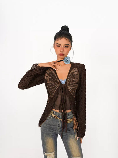 Nico Molly Textured Butterfly Lace Up V-neck Zipper Women&