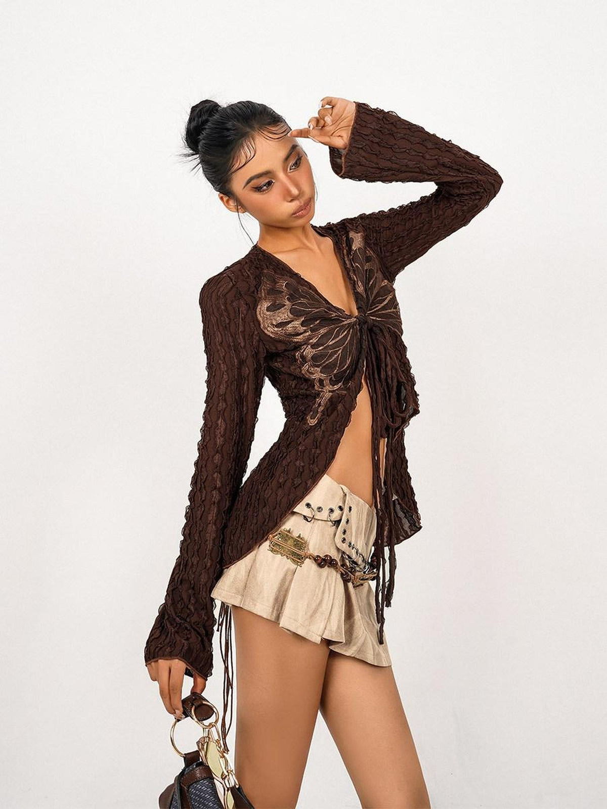 Nico Molly Textured Butterfly Lace Up V-neck Zipper Women&