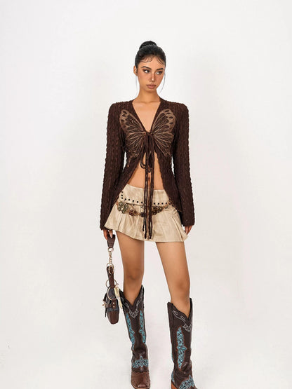 Nico Molly Textured Butterfly Lace Up V-neck Zipper Women&