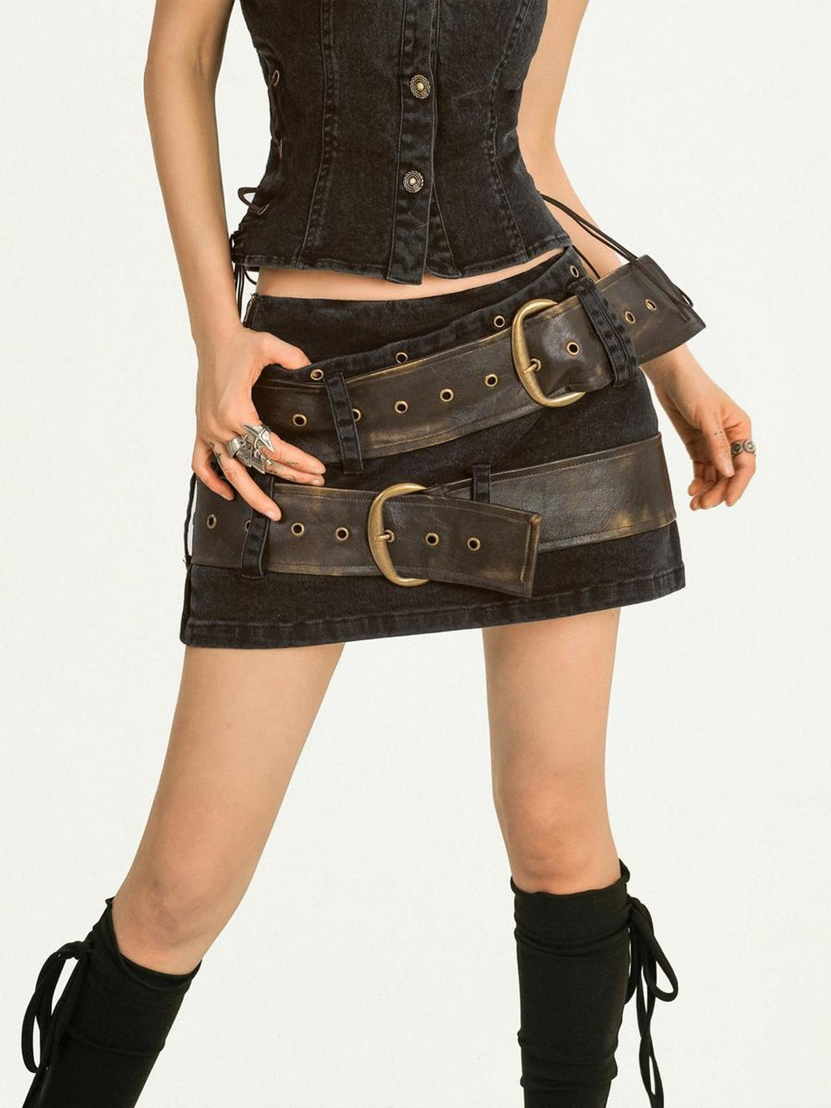 Nico Molly Tie Dye Distressed Double Belt A Line Vintage Women&