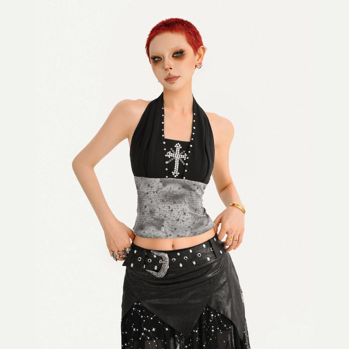 Nico_Molly_Vintage_Distressed_Patchwork_Studded_Cross_V-neck_Women&