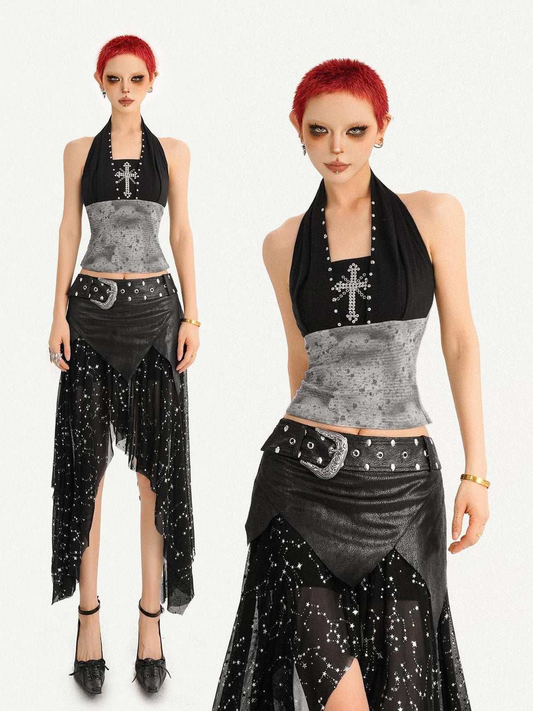Nico Molly Vintage Distressed Patchwork Studded Cross V-neck Women&