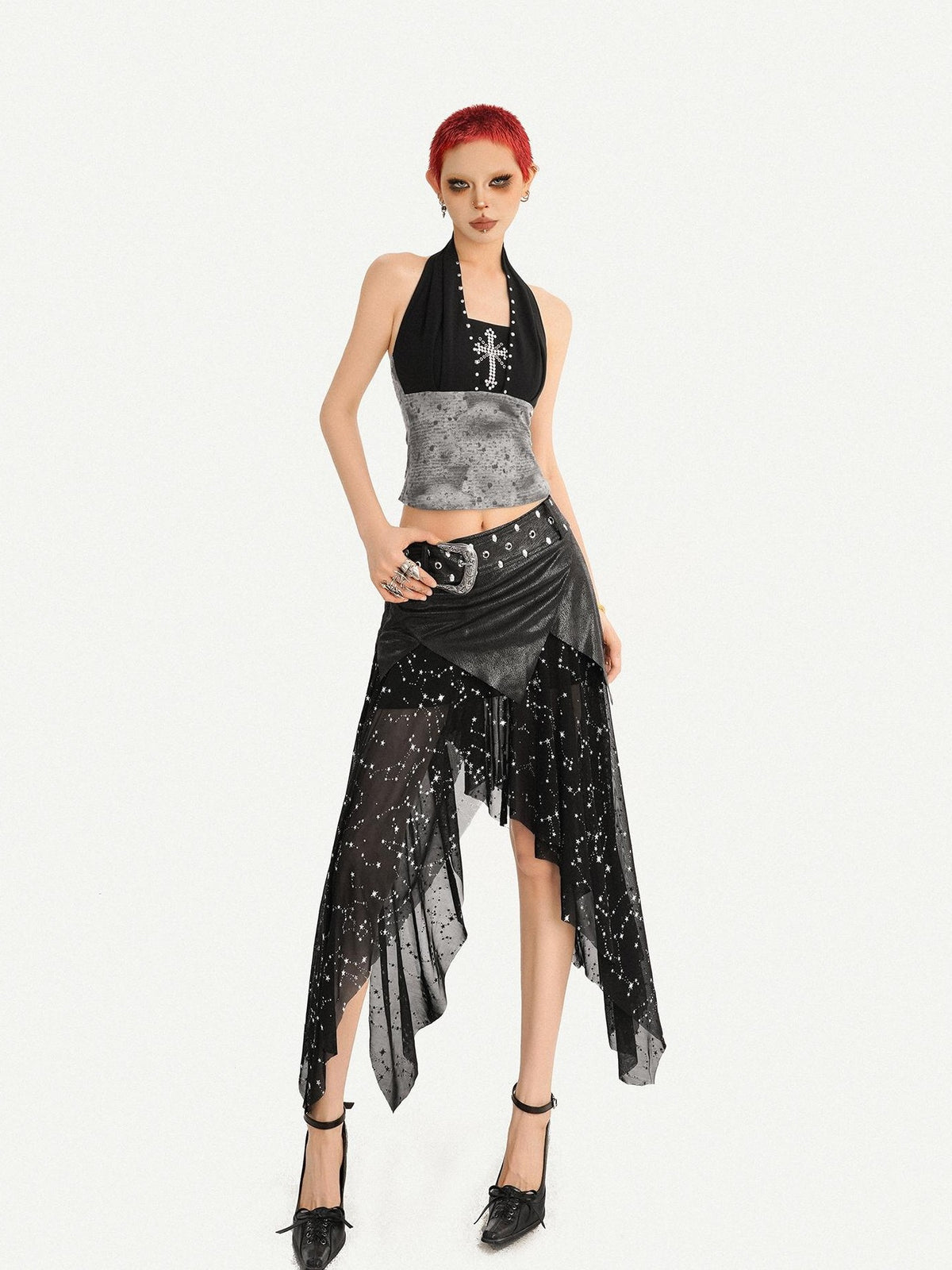 Nico Molly Vintage Distressed Patchwork Studded Cross V-neck Women&