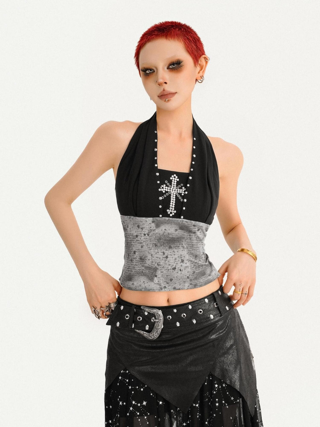 Nico Molly Vintage Distressed Patchwork Studded Cross V-neck Women&