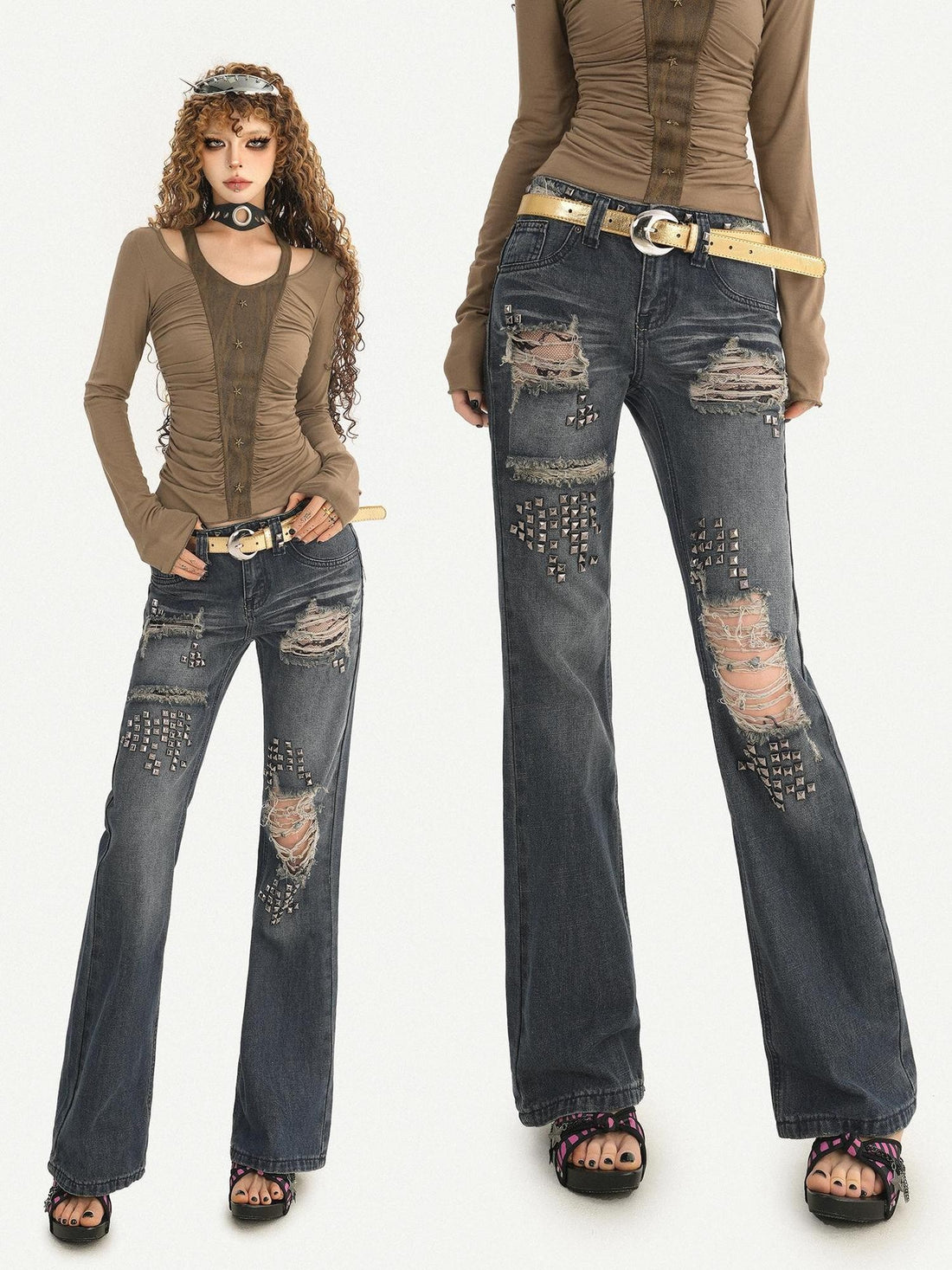 Nico Molly Vintage Distressed Studded Ripped Women&