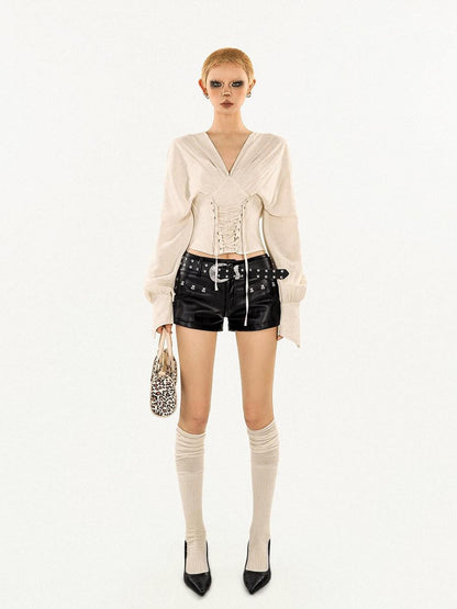 Nico Molly Vintage Fishbone Waist Tie V-neck Slim Women&