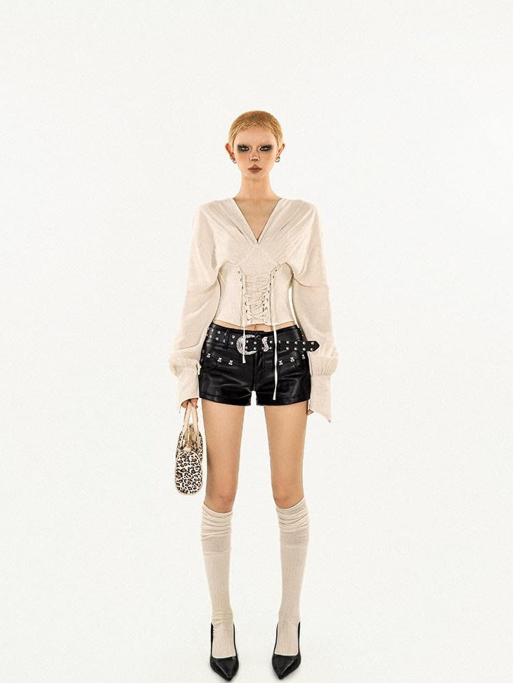 Nico Molly Vintage Fishbone Waist Tie V-neck Slim Women&