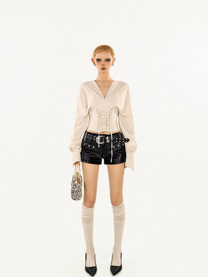 Nico Molly Vintage Fishbone Waist Tie V-neck Slim Women&