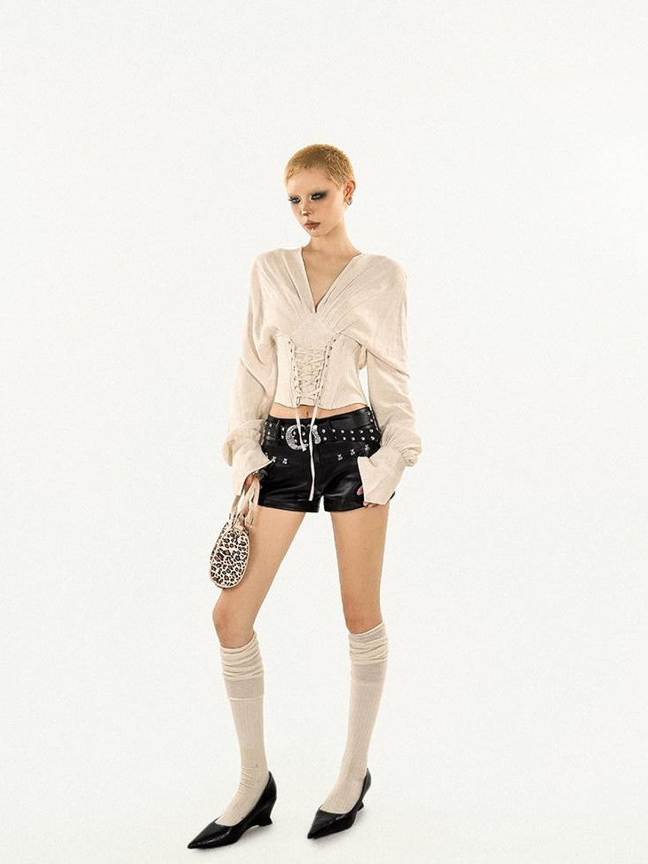 Nico Molly Vintage Fishbone Waist Tie V-neck Slim Women&