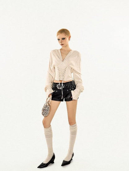 Nico Molly Vintage Fishbone Waist Tie V-neck Slim Women&