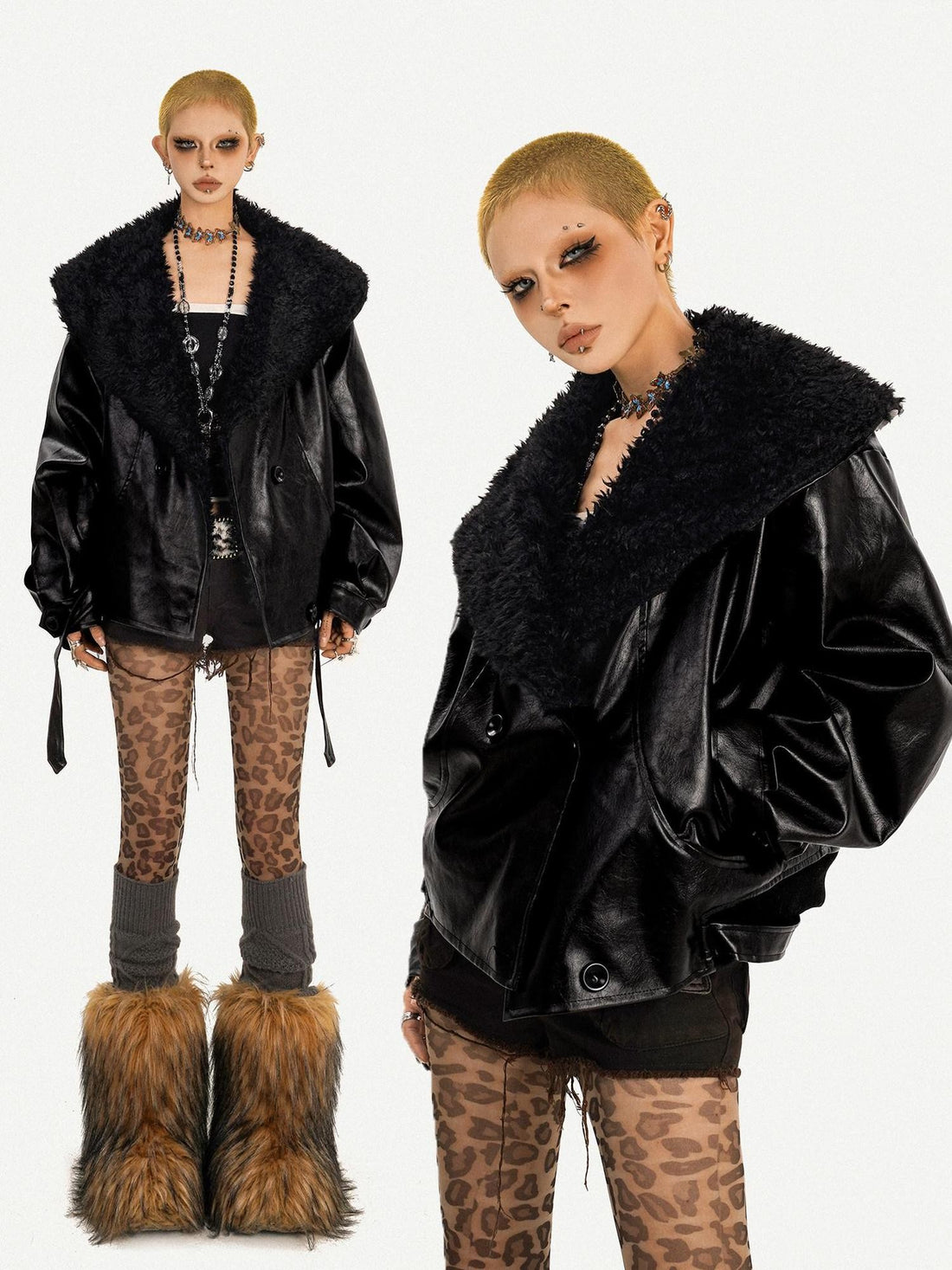 Nico Molly Vintage Gothic Oversized Fur Collar Biker Women&