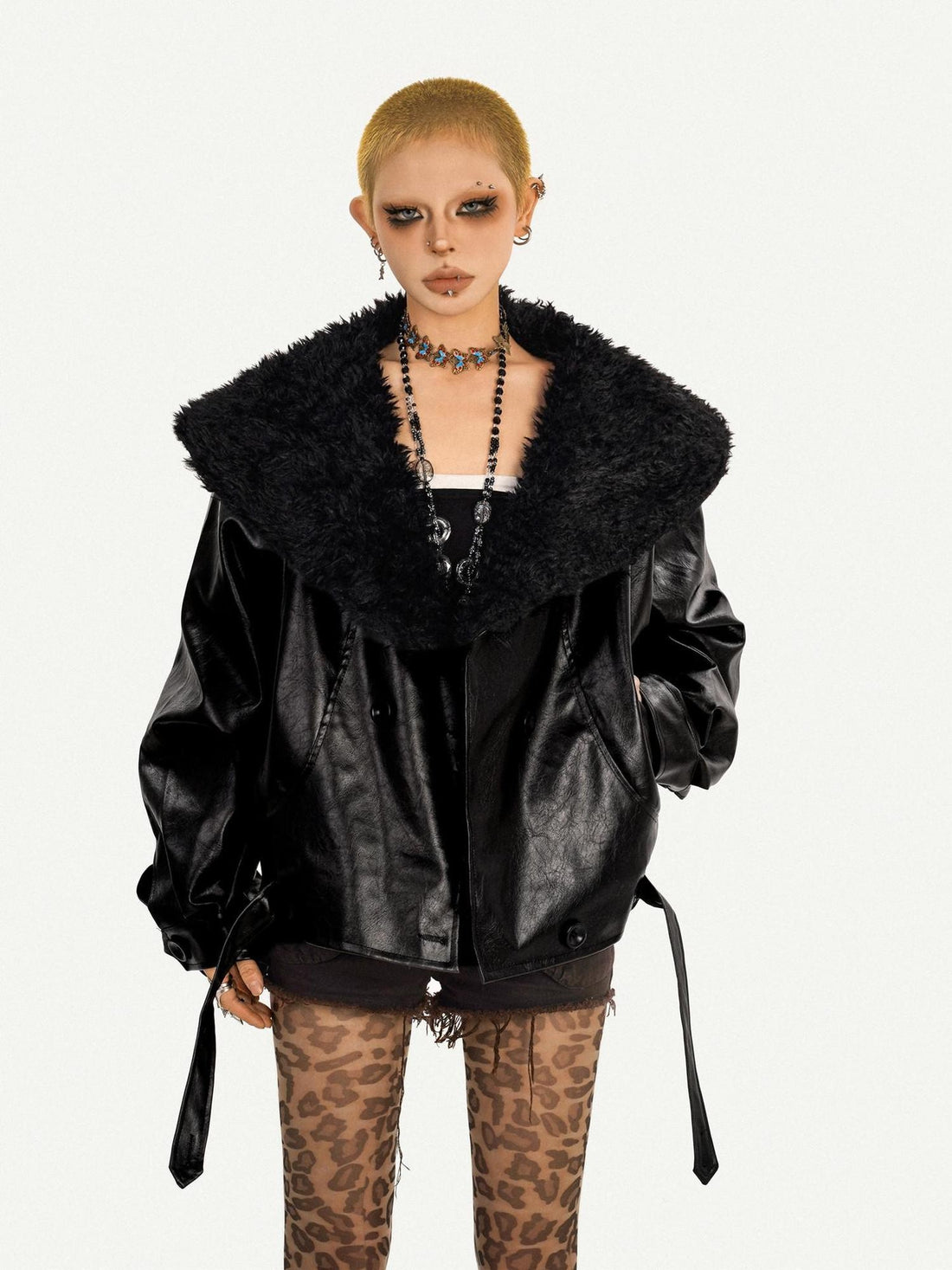 Nico Molly Vintage Gothic Oversized Fur Collar Biker Women&