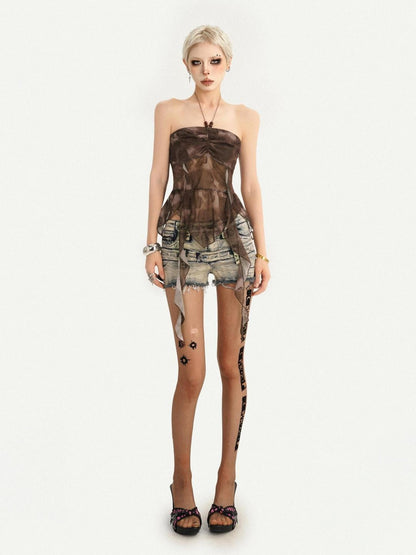 Nico Molly Vintage Gothic Ribbon Halter Sexy Retro Slim Cropped Women&