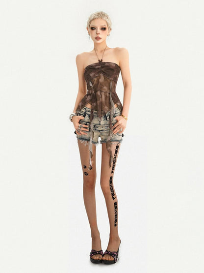 Nico Molly Vintage Gothic Ribbon Halter Sexy Retro Slim Cropped Women&