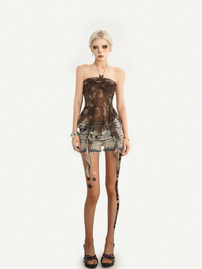 Nico Molly Vintage Gothic Ribbon Halter Sexy Retro Slim Cropped Women&