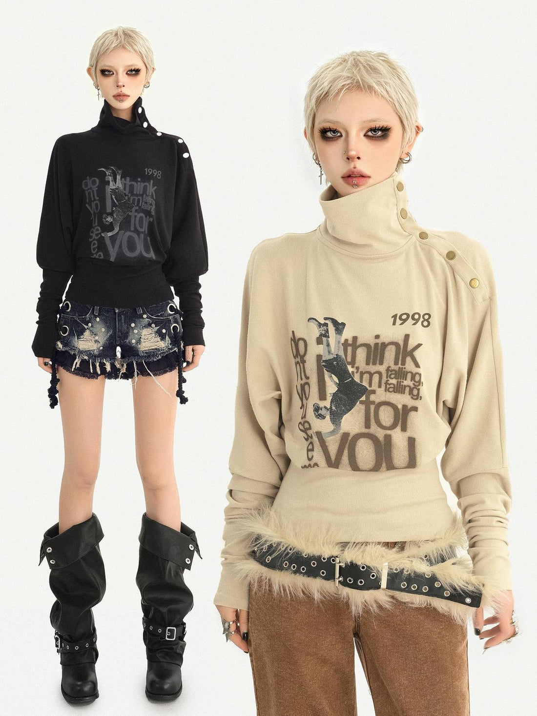 Nico Molly Vintage High Neck Letter Print Layered Button Slim Women&