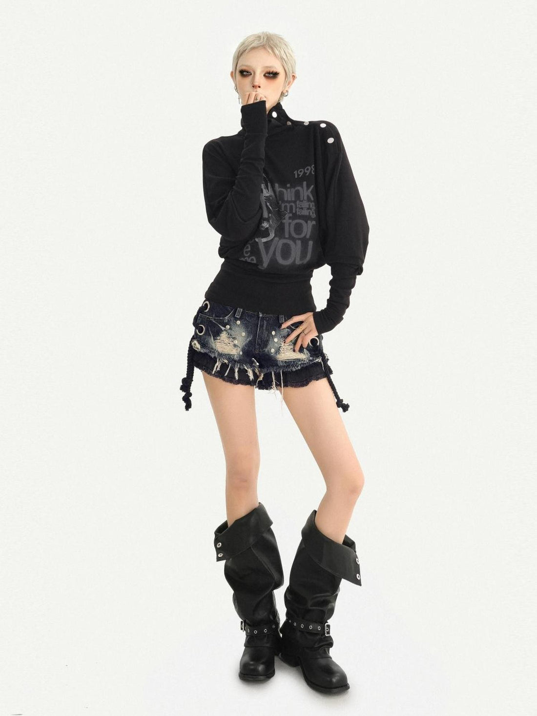Nico Molly Vintage High Neck Letter Print Layered Button Slim Women&
