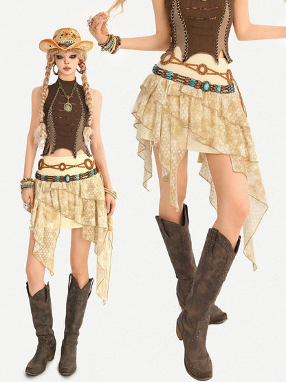 Nico Molly Vintage Hippie Ruffled Asymmetric High Waist Lined Women&