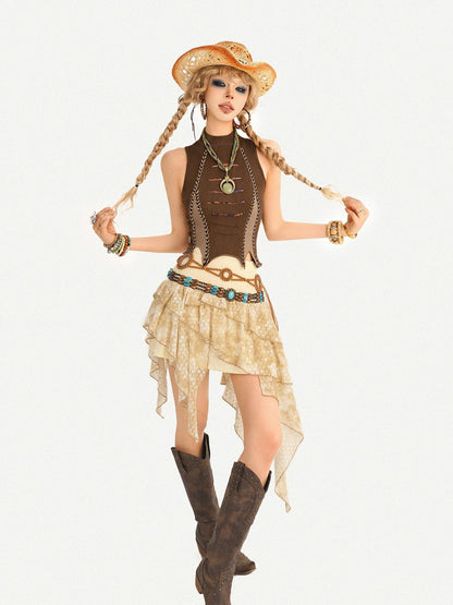 Nico Molly Vintage Hippie Ruffled Asymmetric High Waist Lined Women&