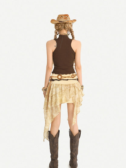 Nico Molly Vintage Hippie Ruffled Asymmetric High Waist Lined Women&