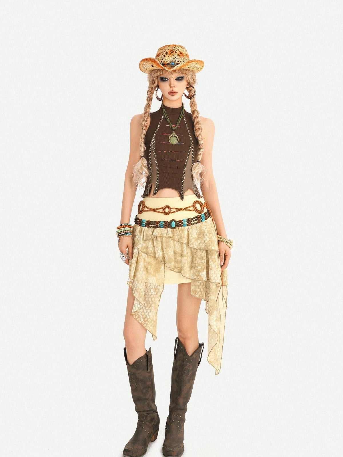 Nico Molly Vintage Hippie Ruffled Asymmetric High Waist Lined Women&