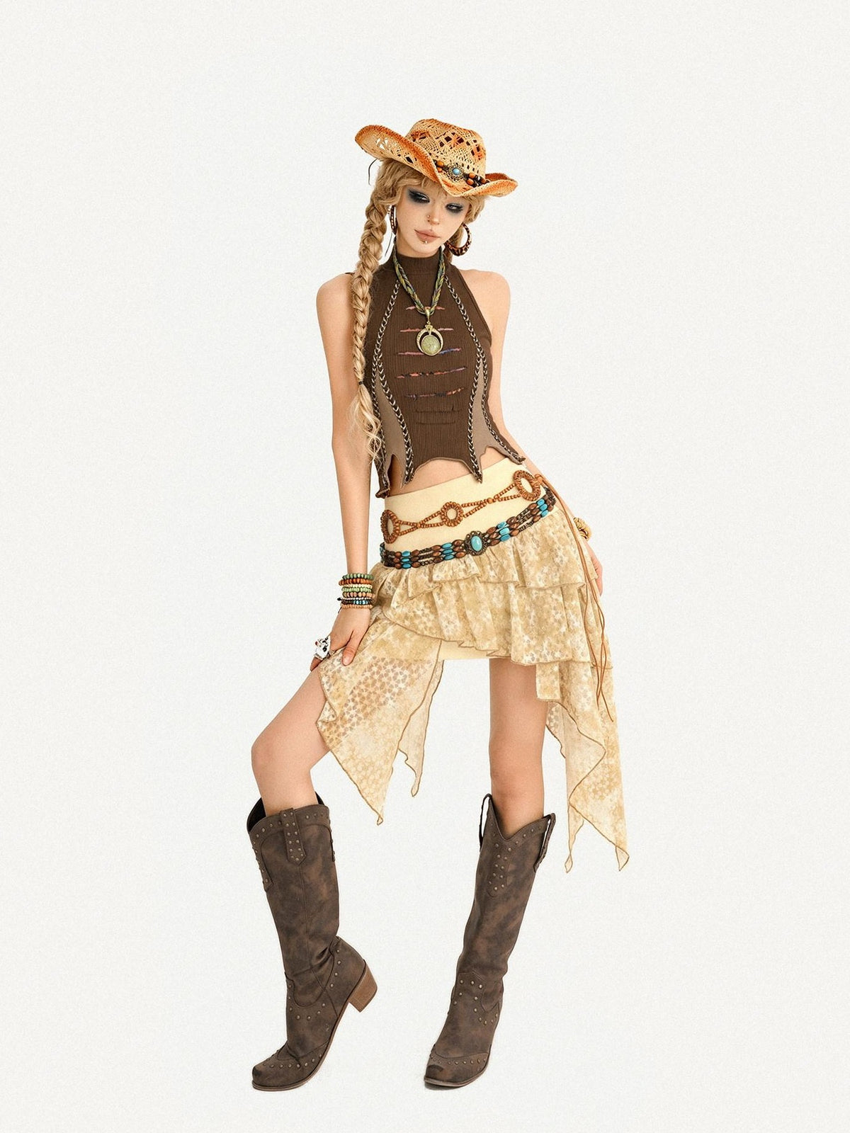 Nico Molly Vintage Hippie Ruffled Asymmetric High Waist Lined Women&