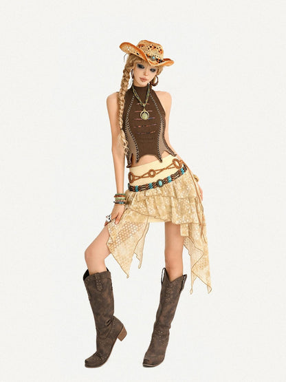 Nico Molly Vintage Hippie Ruffled Asymmetric High Waist Lined Women&