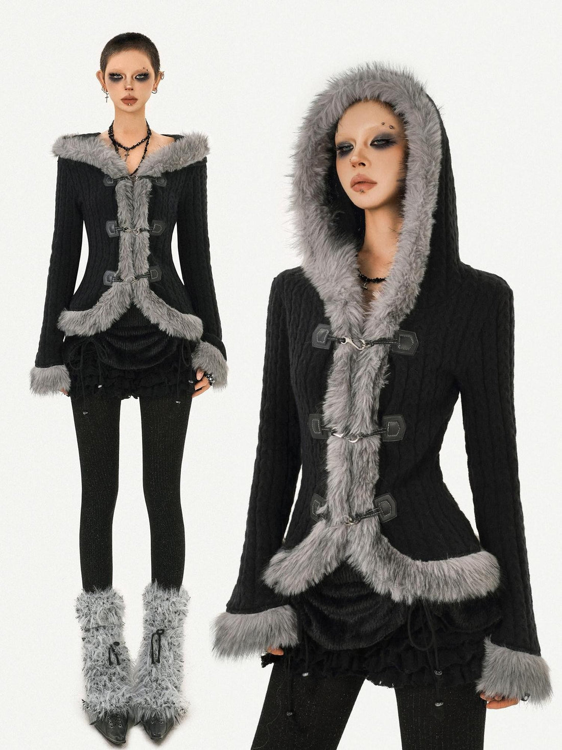 Nico Molly Vintage Hooded Fur Trim Waist Cinched Bell Sleeve Women&