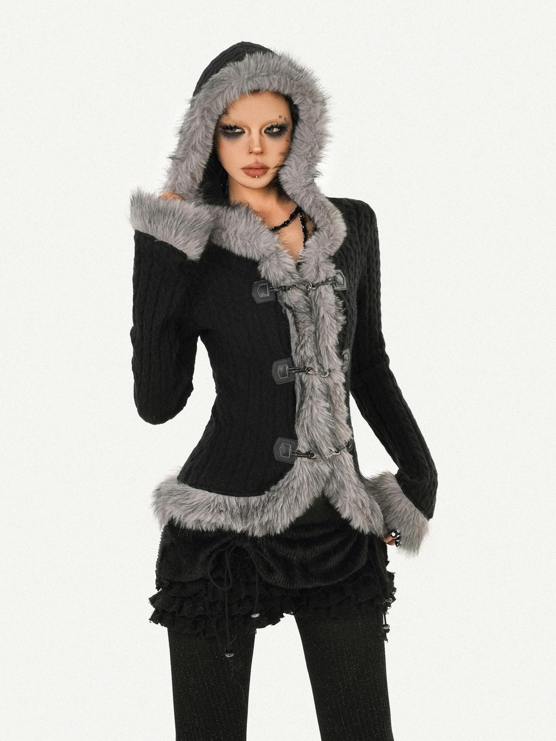 Nico Molly Vintage Hooded Fur Trim Waist Cinched Bell Sleeve Women&