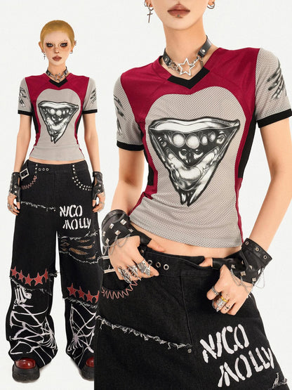 Nico Molly Vintage Jersey 3d Deconstructed Heart Print V-neck Women&