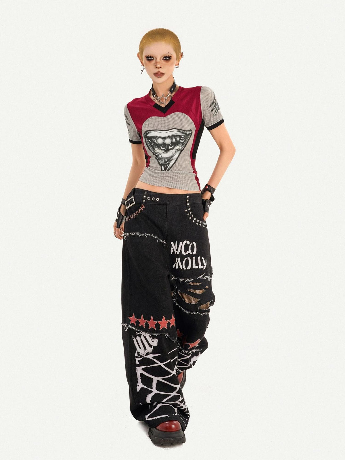 Nico Molly Vintage Jersey 3d Deconstructed Heart Print V-neck Women&