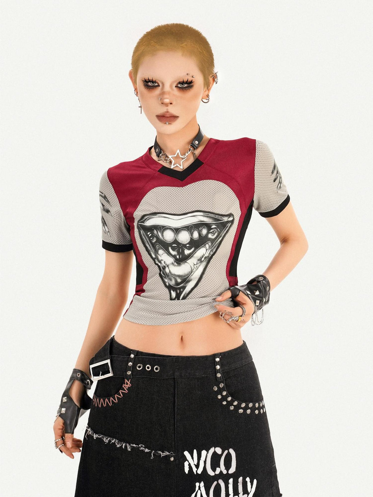 Nico Molly Vintage Jersey 3d Deconstructed Heart Print V-neck Women&