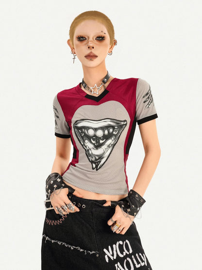 Nico Molly Vintage Jersey 3d Deconstructed Heart Print V-neck Women&