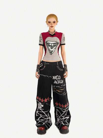 Nico Molly Vintage Jersey 3d Deconstructed Heart Print V-neck Women&