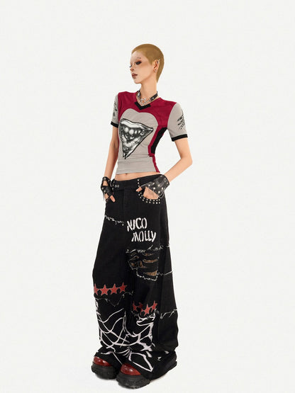 Nico Molly Vintage Jersey 3d Deconstructed Heart Print V-neck Women&