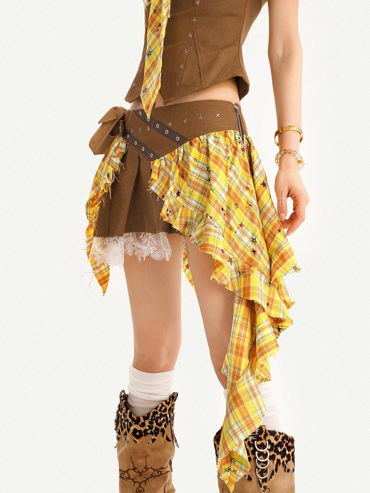 Nico Molly Vintage Plaid Patchwork Pleated High Waist Shirt Women&