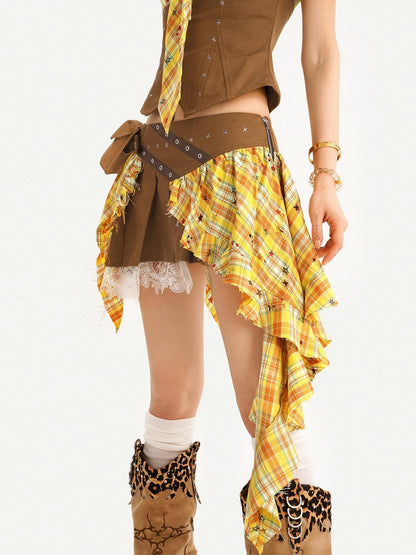 Nico Molly Vintage Plaid Patchwork Pleated High Waist Shirt Women&