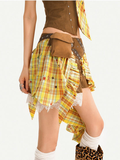 Nico Molly Vintage Plaid Patchwork Pleated High Waist Shirt Women&