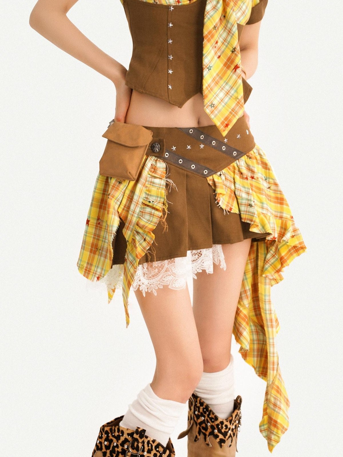 Nico Molly Vintage Plaid Patchwork Pleated High Waist Shirt Women&