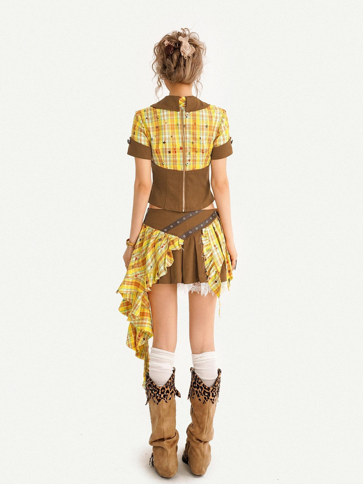 Nico Molly Vintage Plaid Patchwork Pleated High Waist Shirt Women&